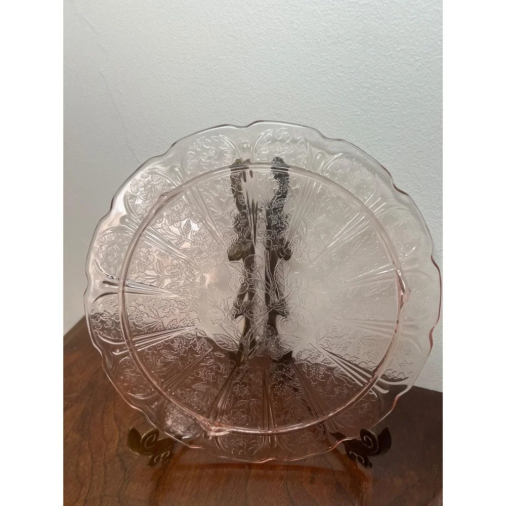 Pink Depression Glass Floral Etching Tray and Platter Set Vintage Serving Plates
